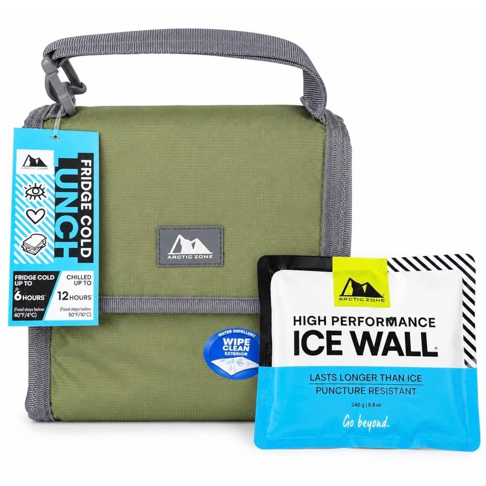 Arctic Zone Fridge Cold Lunch Bag Olive Green New Insulated Ice Walls